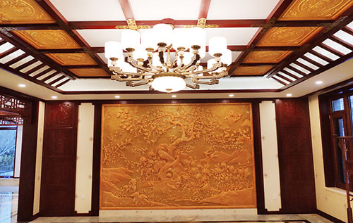 长葛中式别墅客厅中式木作横梁吊顶装饰展示